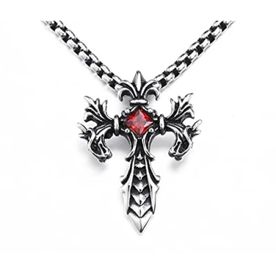 Image of MayiaHey Gothic Double Dragon Cross Necklace for Men, Punk Sword Stainless Steel Pendant (Red)