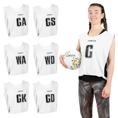 Image of FORZA Pro Netball Bibs [7 Pack] Full Player Position Bib Pack Available in 7 Colours Breathable and Comfortable for Schools &amp; Clubs (White, Large)