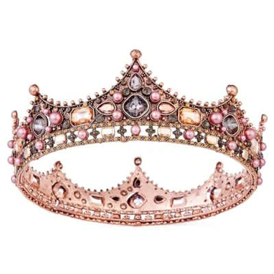Image of Crowns for Women, Vofler Rose Gold Birthday Princess Queen Tiara Cake Topper Baroque Hair Decor Girls Bridal Quinceanera Wedding Pageant Halloween Costume Party w/Crystal Rhinestone Pink Pearls