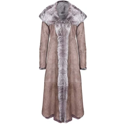 Image of Infinity Leather Womens Full Length Hooded Toscana Sheepskin Trench Coat Donetsk Taupe Size 10 UK