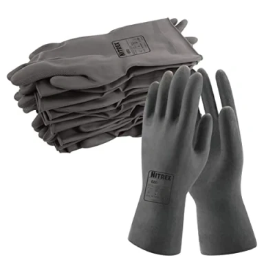 Image of NITREX 680 Chemical Resistant Safety Gloves, Bag of 10 Pairs Flock Lined Latex Gauntlet Gloves in Black, Size 9