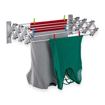 Image of Relaxdays Clothes Airer Mounting, 8 m Drying Line, Extendible, 27 x 95 60 cm, Aluminium Wall Dryer, Silver, 1 Item