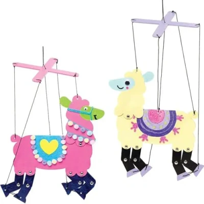 Image of Baker Ross Dancing Llama Wooden Marionette Craft Set 2 Pack, Puppets for Kids to Paint, and Decorate (FC385)