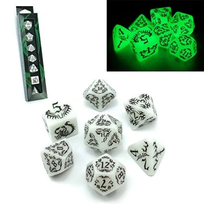 Image of BESCON DARK ELVES Glowing Dice Set (7 piece), Oversized GLOW IN Carved Role Playing Games RPG