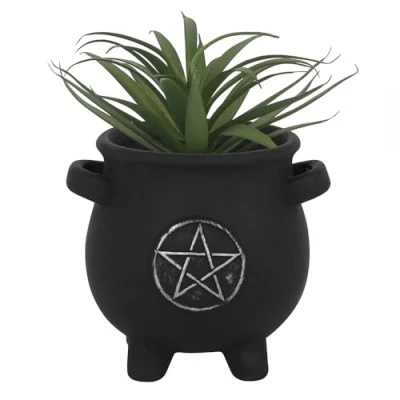 Image of Enchanting Black Terracotta Pentagram Cauldron Plant Pot 12cm x 13cm (1 Pc) Unique Design, Great Accent for Magical &amp; Nature Lovers Perfect Garden Decor
