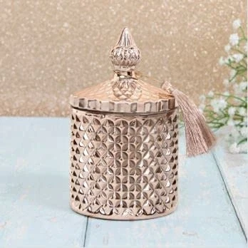 Image of Leonardo Desire Blossom &amp; Honey Candle in a Rose Gold Artisan Glass Lidded Jar with Box