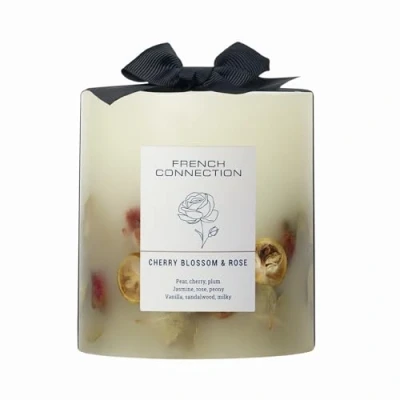 Image of French Connection Botanical Infused Scented Pillar Candle Real Dried Botanicals Vegetable Wax Blend 5% Fragrance Oil Long Lasting Home Gift, (Medium, Cherry Blossom &amp; Rose)