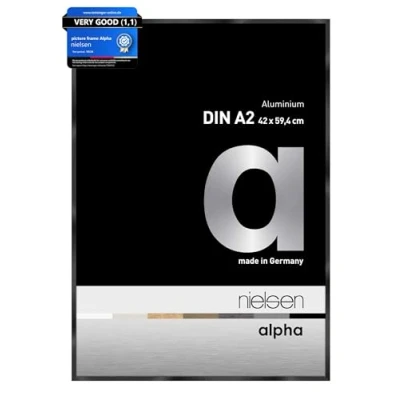Image of nielsen Alpha Photo Frame A2, 42x59.4cm Aluminium Picture Frame, Black with Protective Float Glass and Push Turn Clips Jet Polished