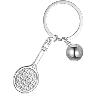 Image of Fat catz copy Silver Tone Mini Metal Tennis Racket Bat &amp; Ball Keyring