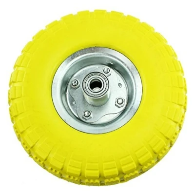 Image of SPARES2GO 10&quot; 4.10/3.50 4 Solid Yellow Rubber Wheelbarrow Tyre &amp; Axle Wheel Bearing for Cart Barrow Trolley (Pack of 1)