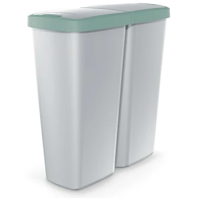 Image of Monzana® Dual Kitchen Rubbish Bin 50L, 2x 25L Compartments Push Button Open Lid Perfect for Rubbish, Recycling, Plastic, Organic Waste, Storing Dog Food 2 Separate Lids Grey &amp; Green