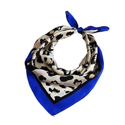 Image of Women Chiffon Scarves Animal Print Leopard Neck Wrap Sheer Scarf Multifunction Polyester Silk Satin Small Square Wraps Shawls (Leopard Blue Edge)