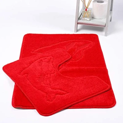 Image of Bath Mat Set 2 Piece Non Slip Rubber Pedestal and Toilet Dolphin Bathroom Rug New, Red