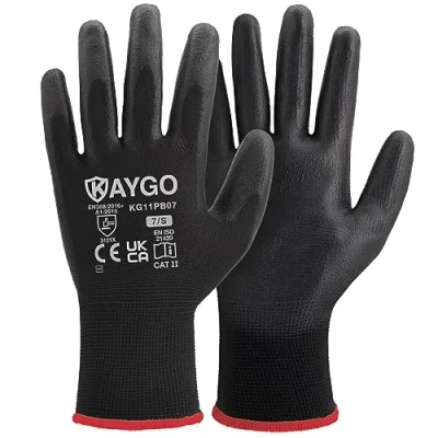 Image of KAYGO Work Gloves PU Coated 60 Pairs, KG11PB, Safety Working with Secure Grip on Palm &amp; Fingers, for Men and Women, Ideal General Duty Work, Gardening(Small, Black)