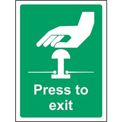 Image of Press to exit Emergency Safety sign Self adhesive sticker 200mm x 150mm