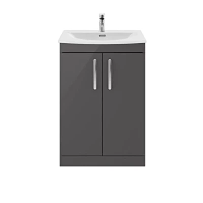 Image of nuie Modern Bathroom Floor Standing 2 Soft Close Doors Vanity Unit with Curved Ceramic Basin 30mm Profile, 600mm, Gloss Grey, Manufactured Wood