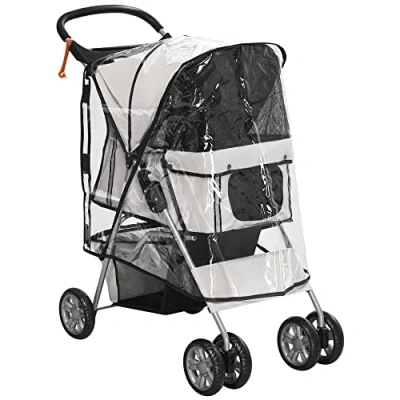 Image of PawHut Dog Stroller with Rain Cover for Small Miniature Dogs, Folding Pet Pram Cup Holder, Storage Basket, Reflective Strips, Grey