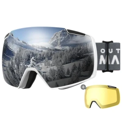 Image of OutdoorMaster Heron Ski Goggles with 2 Lens, Frameless, Magnetic Interchangeable HD Toric OTG Snowboard Goggles(WhiteFrame Silver Vlt 10% + YellowLens)