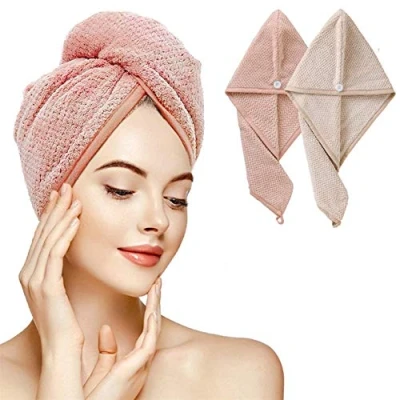 Image of IME Hair Towel Wraps, Microfiber Quick Dry Turban Towels with Button Super Water Absorbent Bath Shower Caps 2 Pack