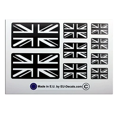 Image of 9X UK Union Jack flags in Black and White Laminated Decal Sticker for helmet bike MioVespa collection