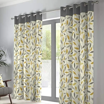 Image of Fusion Grey &amp; Ochre Leaf Curtains W46 x L54 (117 137cm) 100% Cotton 2x Panels Eyelet in Yellow/Grey Yellow Floral for Bedroom Living Room Beechwood Collection