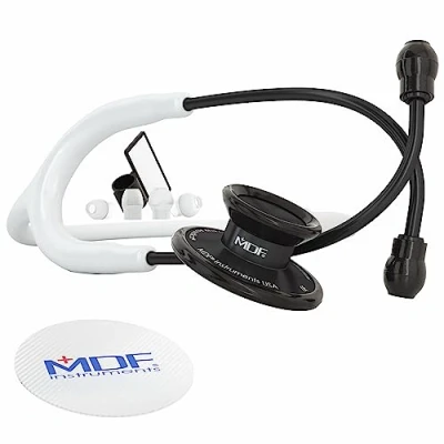 Image of MDF Acoustica Lightweight Stethoscope, Adult, Dual Head, White Tube, Black Chestpiece Headset, MDF747XPBO29