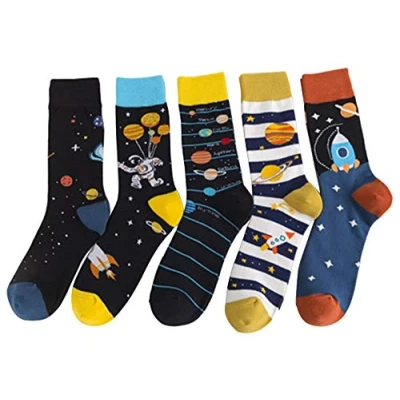 Image of DUORUI 5 pairs Men Socks Cotton Soft Winter Warm Breathable Novelty Funny Universe Planet Pattern