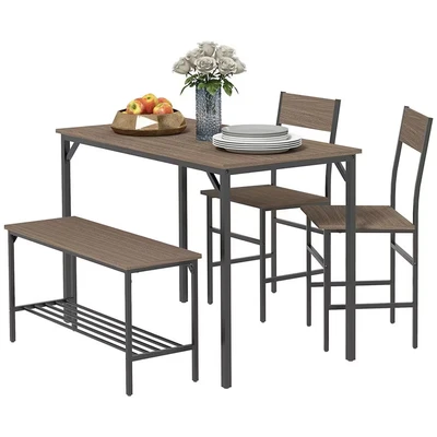 Image of HOMCOM 4 Piece Dining Table and Chairs Set, Industrial Kitchen Set of with 2 Bench, Space Saving Shelf for Small Spaces, Grey