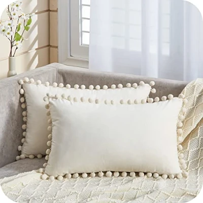 Image of Topfinel Cushion Covers,Boho Rectangle Outdoor Covers 12x20,Cream Velvet Pom Soft 30x50 Cover with Invisible Zip for Sofa Chair Living Room,Pack of 2…