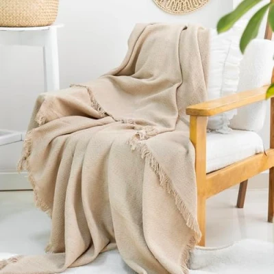 Image of Milam London Cotton Throw Blanket Soft Throws For Armchairs, Sofa, Settee Single Bed Throw, Beige 170 x 200 cm