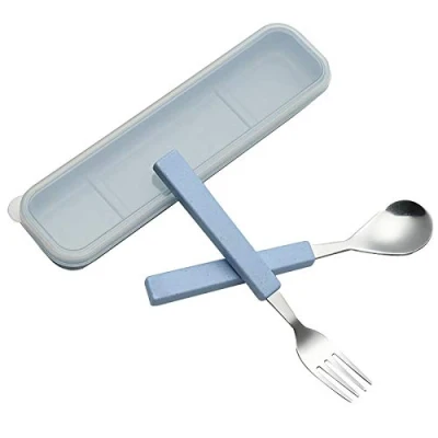 Image of VANRA 2 Piece Children Flatware Set 18/10 Stainless Steel Child Tableware Silver Cutlery Silverware Dinner Utensils Spoon Fork with Travel Case for Kids (Chrome Finished) (Blue)