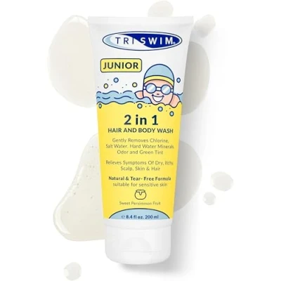 Image of TRISWIM Junior After Swim Hair &amp; Body Wash For Kids Natural Tear Free Gently Removes Pool Chlorine Odors Prevents Skin Itching Sweet Persimmon (200ml)