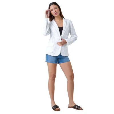 Image of Roman Cotton Broderie Blazer Jacket for Women UK Ladies Spring Everyday Summer Holiday Long Sleeve Soft Smart Collar Comfy Flap Pockets Daywear Coats White Size 12