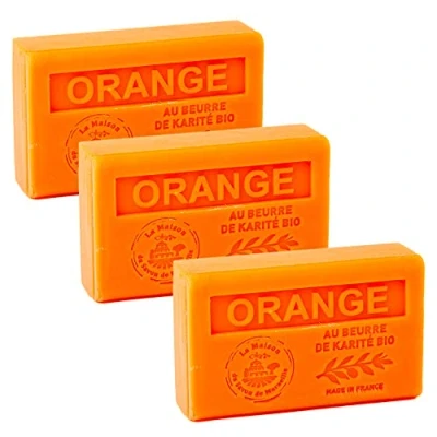 Image of Maison du Savon de Marseille French Soap made with Organic Shea Butter Moisturising for Soft Skin Orange Fragrance 125 Gram Bars Set of 3