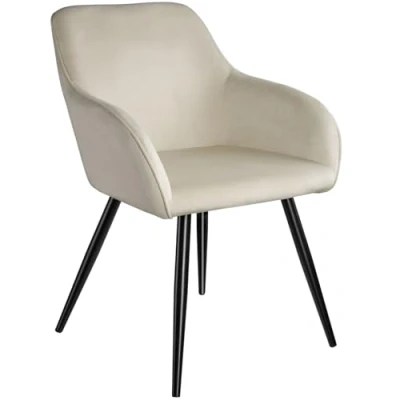 Image of TecTake® Dining Chair in Velvet Look with Steel Legs, Stable &amp; Thickly Padded Armchair, Ergonomic Design Easy Assembly Ideal as Dining, Living Room, Bedroom Office Cream/Black