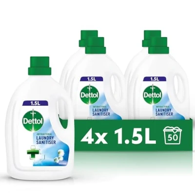 Image of Dettol Laundry Sanitiser, Fresh Cotton Fragrance, Multipack of 4 X 1.5L, Total 6L, Cleanser, Disinfectant, Kills 99.99 Percent Germs, Antibacterial, Disinfecting,