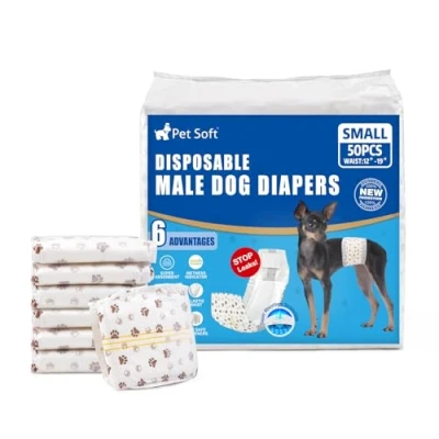 Image of Pet Soft Dog Nappies Male 50 Counts Disposable Wraps, Super Absorbent Puppy Diapers Incontinence Nappy Wraps with Wetness Indicator (S Count)