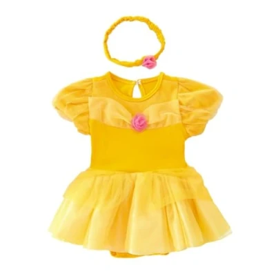 Image of Lito Angels Baby Girls Princess Belle Costume Bodysuit Onesie Romper with Headband, Infant Fancy Dress Up Birthday Party Outfits, Age 12 18 Months