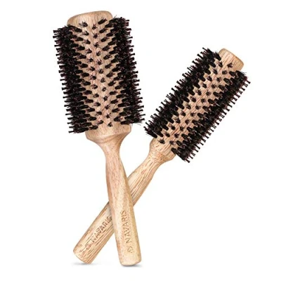 Image of Navaris Round Hair Brush Set of 2 Ø 25 and 40mm Boar Bristle Hairbrushes for Women Men Anti Static Hairbrush Styling Curls Black