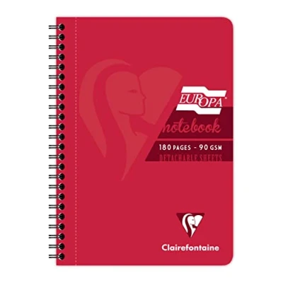 Image of Clairefontaine Europa Ref 5815Z Wirebound Notebooks, Hardwearing Bright and Glossy Covers, 180 Lined Sheets, A5 size Micro Perforated Pages, Red Cover