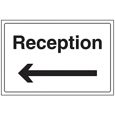 Image of VSafety Reception/Arrow Left Sign Landscape 300mm x 200mm Self Adhesive Vinyl
