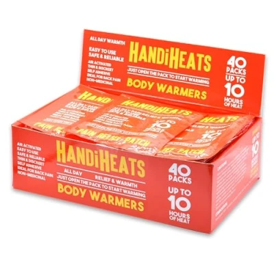 Image of 40 x HandiHeats self Adhesive Warmers Disposable Stick On Heat Pads for Back, Muscle, Period Pain, Hiking Skiing Snowboarding Pain Patches Body Air Activated 10 Hours of