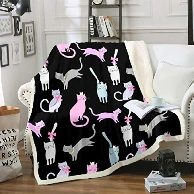 Image of Girly Cute Cat Plush Throw Blanket Cartoon Kitten Pattern Fleece Sherpa Pet Cats Design Fuzzy for Sofa Couch Colorful Black Animal Theme Flannel Room Decor Baby 30&quot;x40&quot;
