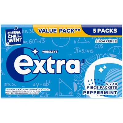 Image of Wrigley&#039;s Extra Peppermint Chewing Gum Sugar Free Multipack, 5 x 10 Pieces