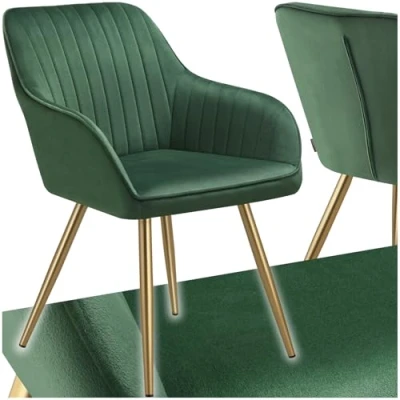 Image of tectake® Dining Chair with Velvet Look Cover &amp; Quilted Pattern, Armchair Continuous Backrest, Gold Steel Legs Soft Padding, Ideal as Room, Kitchen, Bedroom Desk Dark Green/Gold