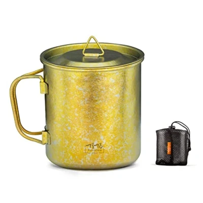 Image of TiTo Titanium Cup Camping Tea Coffee Water Mug Ultralight Portable Cookware 450ml Foldable Handle Pot with Lid for Outdoor Backpacking Hiking Picnic Drinkware Open Fire (Gold)