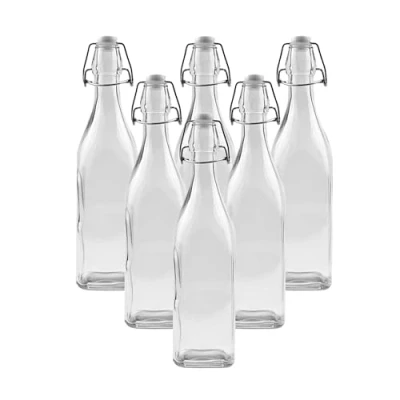 Image of simpa Vintage Style Clear Glass Bottles with Swing Top Lids. Square 750ml Set of 6