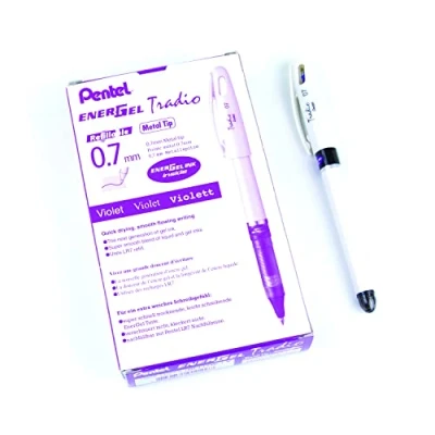 Image of Pentel Energel Tradio Medium Tip Purple Ink Roller Ball Pen White (Pack of 12)