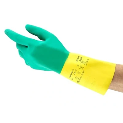 Image of Ansell AlphaTec 87 900 Multi Purpose Work Gloves, Chemical Resistant, Durable Design, Strong Grip, Cotton Flocked, Industrial Safety Glove in Latex, Men Women, Green, Size XL (12 Pairs)