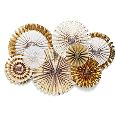 Image of Set of 8 Party Decoration Gold Paper Fans Hanging Flowers Wall Decor Rosettes for Wedding Birthday Festival Christmas Event Carnival